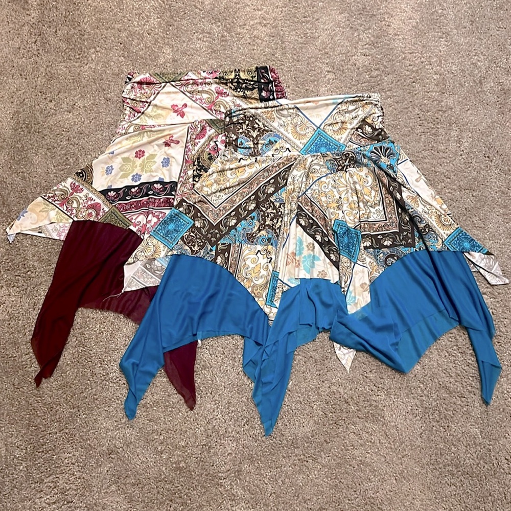 Stretch layered Boho Handkerchief Hem skirts, Burgundy or Blue, both size Large
